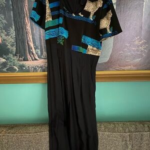 Black Jumpsuit with Leopard and Blue Stripes